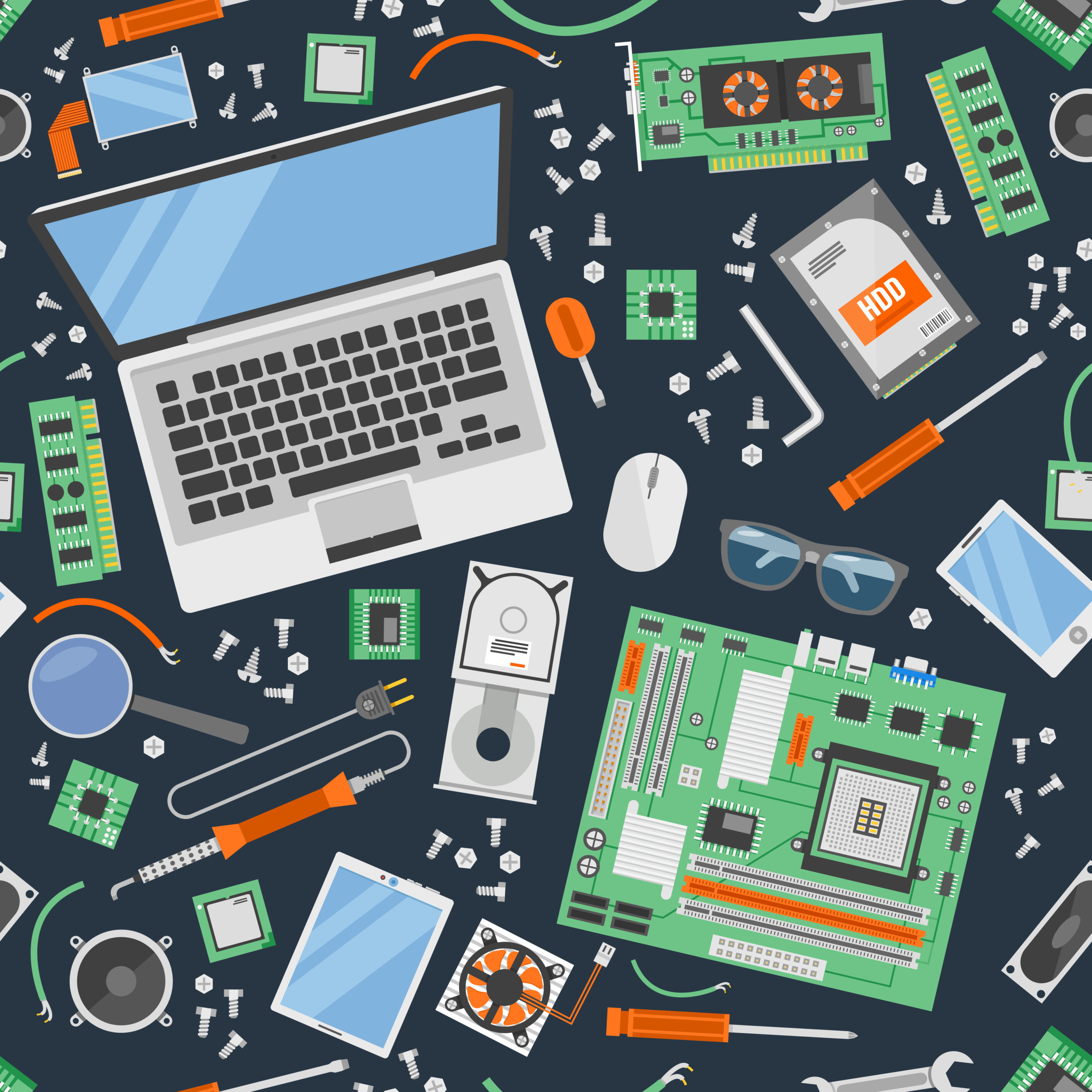 Computer service background seamless pattern with tools and equipments for computers repair vector illustration